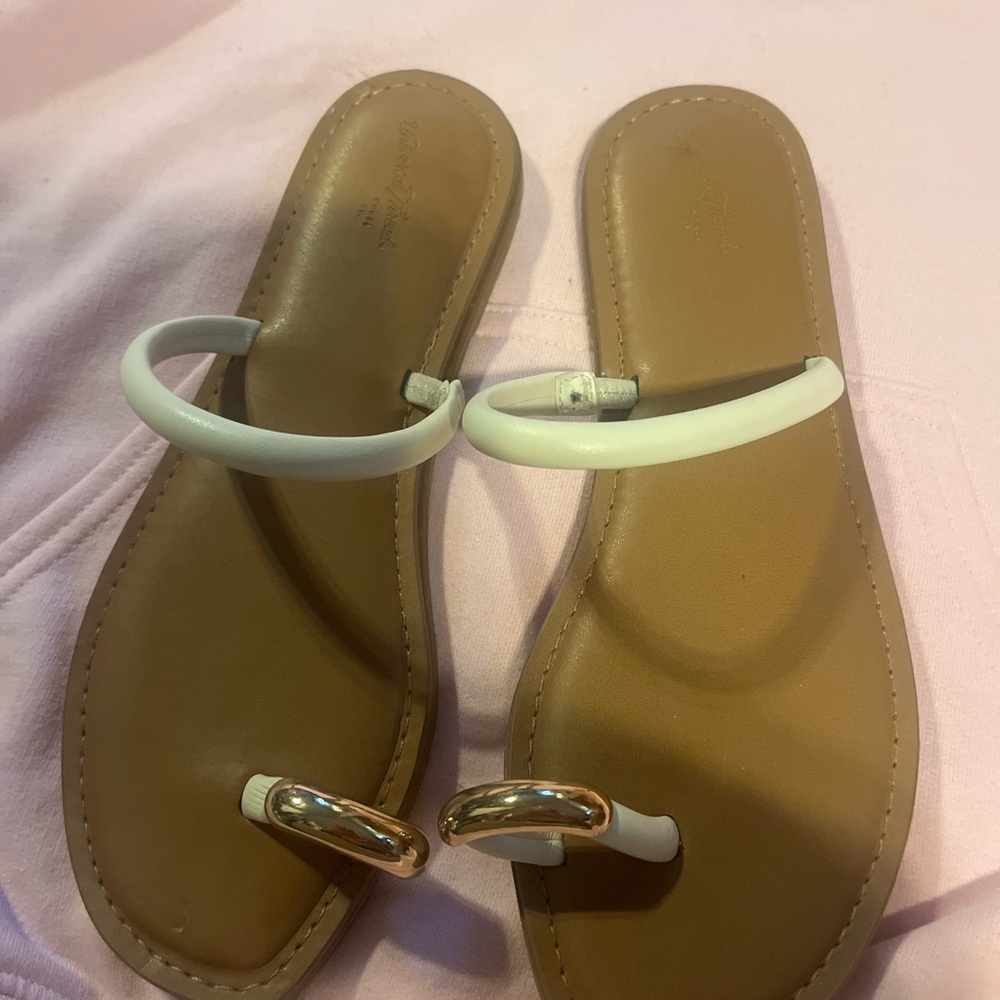 Tan Sandals with White and Gold Accents
